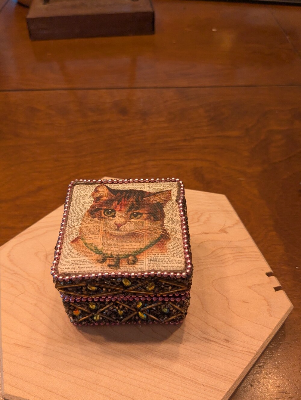 Vintage Decoupage & Beaded Cat Trinket Box